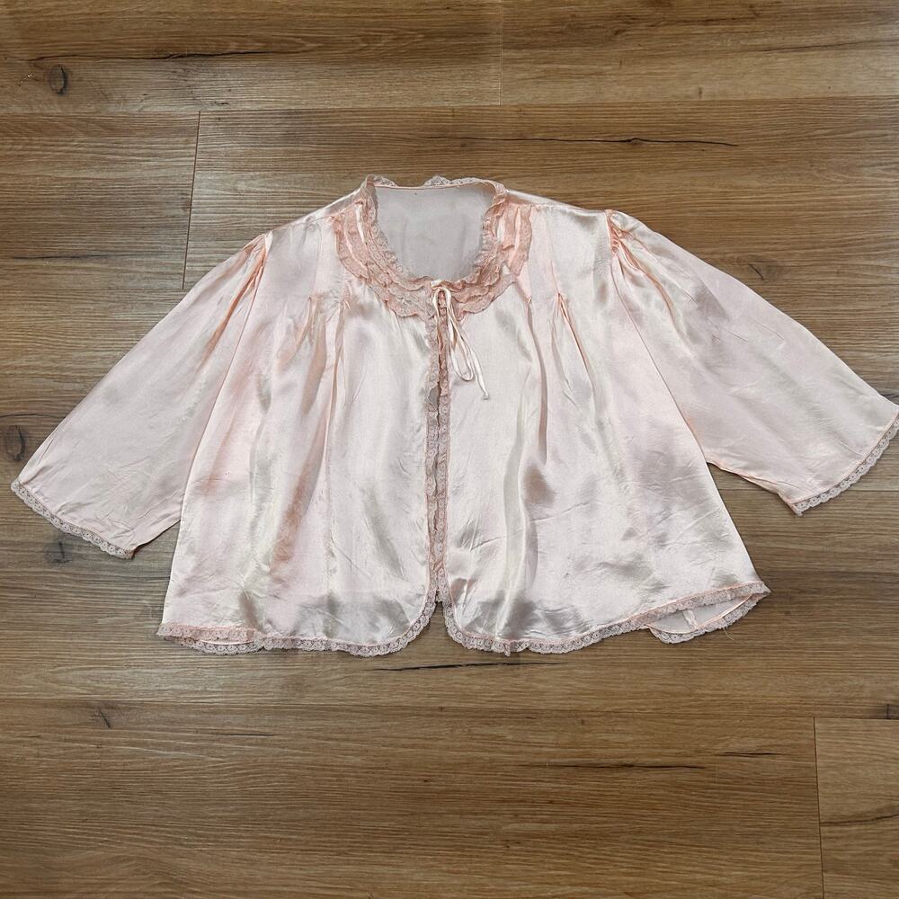 Vintage 40s Pink Satin Bed Jacket Lace Trim Tie Front Lingerie AS IS -